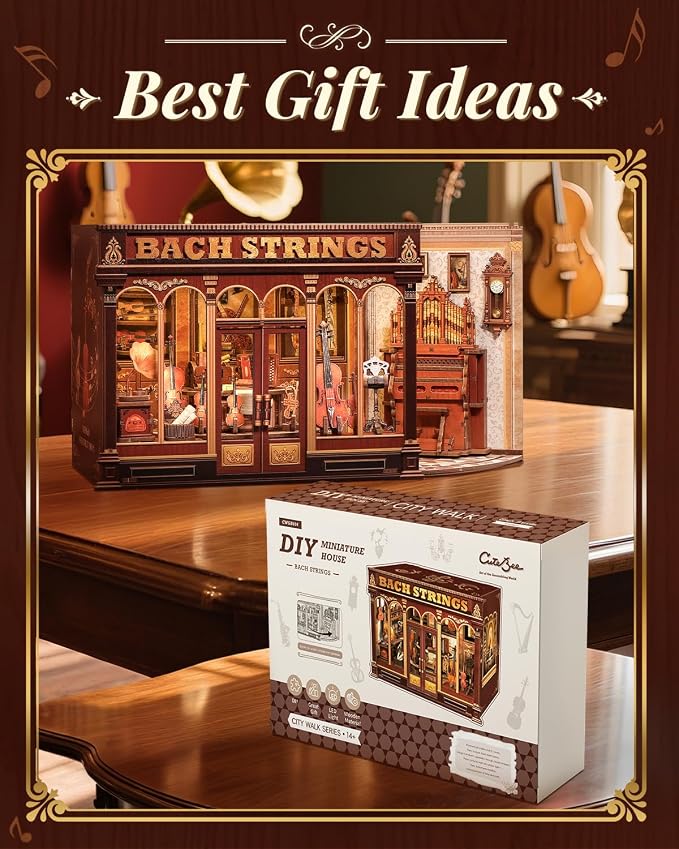 Book Nook Kit, DIY Miniature Music Workshop-Themed, 3D Wooden Puzzle Dollhouse with LED Lights, Bookend & Creative Bookshelf Decor, Craft Gifts for Family and Friends & Music Lovers (Bach Strings)