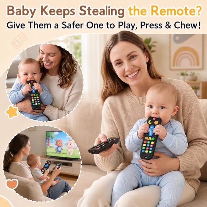 Baby Teething Toys Silicone Baby Remote Teether Over 3 Months - Baby Essentials Sensory Chew Toys - Baby Teether for Teething Relief - BPA Free Infant Toys Baby Shower Gifts (1, Black)