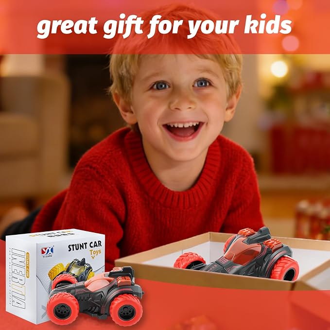 Friction Powered Flip Stunt Car, Push and Go Toy Car with 360° Upright Spin, Dual-Sided Rotating Off-Road Vehicle, Toy Car for Boys & Girls Ages 3+, No Batteries Required, (Red)