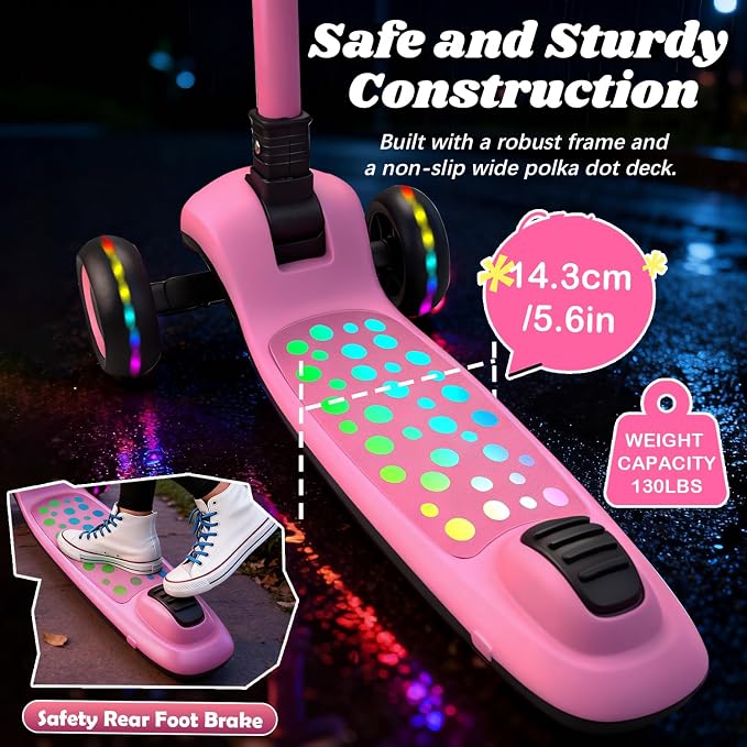 Light Up 3 Wheel Kick Scooter for Kids Toddlers with LED Sync Lights, Flashing Stem & Wide Polka Dot Deck Adjustable Height Music Function Safe Sturdy Folding Scooter for Kids