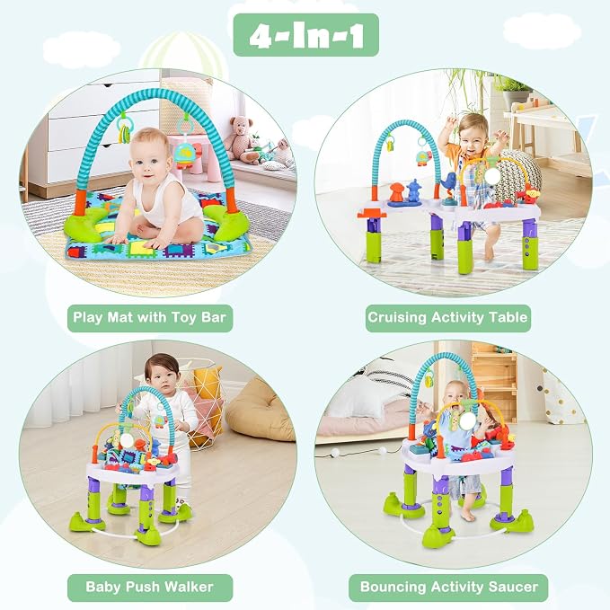 HONEY JOY Baby Bouncer Activity Center, 4 in 1 Toddler Bouncing Activity Saucer & Playtime Mat & Activity Table, Toy Rack, 3 Adjustable Heights, Foldable Activity Center for Infant Boys Girls