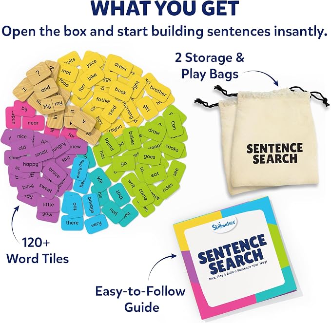 Skillmatics Educational Board Game - Sentence Search, Learning Toy for Kids, Sentence Building Activity, Creative Word Play, Screen-Free Fun, 120+ Tiles (1.3 x 1 Inches), Gifts for Ages 5, 6, 7, 8