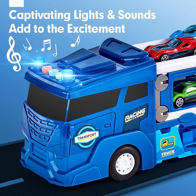 hahaland Toys for 3 Year Old Boy Gift - 2 in 1 Car Carrier Transforms into Race Tracks Toys with Dual Launcher Truck for Kids Ages 3-5 - Car Sets for Boys 3 Year Old Boy Gifts