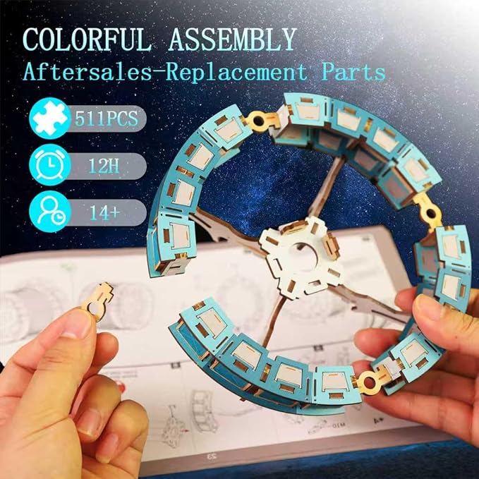 3D Wooden Puzzles for Adults - Space Station Mechanical Model Kit with Lights & Music, 511PCS Adult Wooden Puzzles, DIY Building Toy for Teen & Adults, Miniature House Kit for Birthday Father's Day