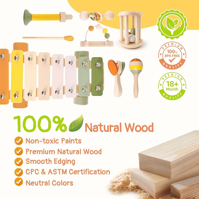 Wooden Musical Instruments for Toddlers 2+ Year Old Montessori Xylophone Maracas Clapper Rattles Trumpet Baby Musical Toys with Storage Bag Gifts for Boys Girls