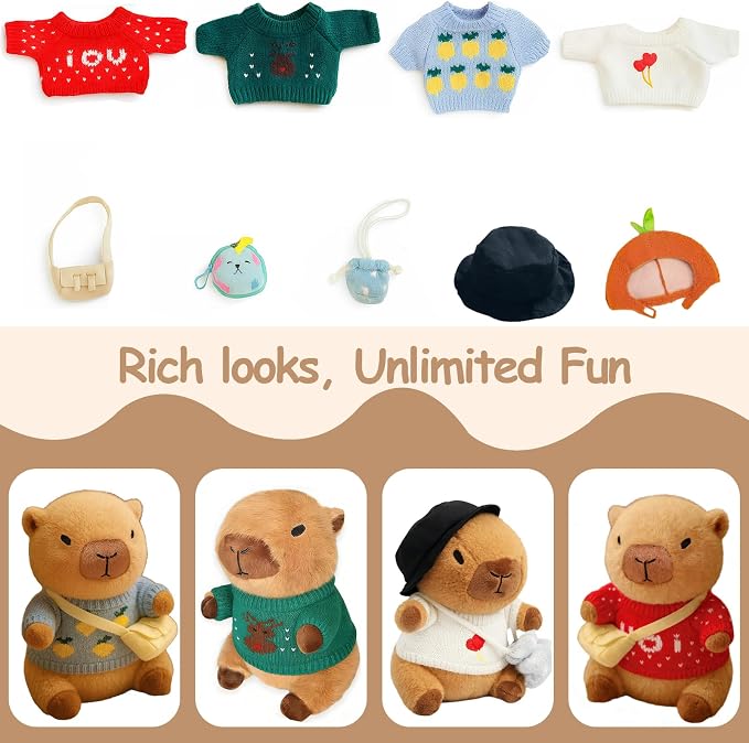 10 Pcs Capybara Plush Toy Set | Cute Capybara Stuffed Animal, 9 Clothes and Accessories, Dress Up Soft Plush Doll, Ideal Gift for Kids