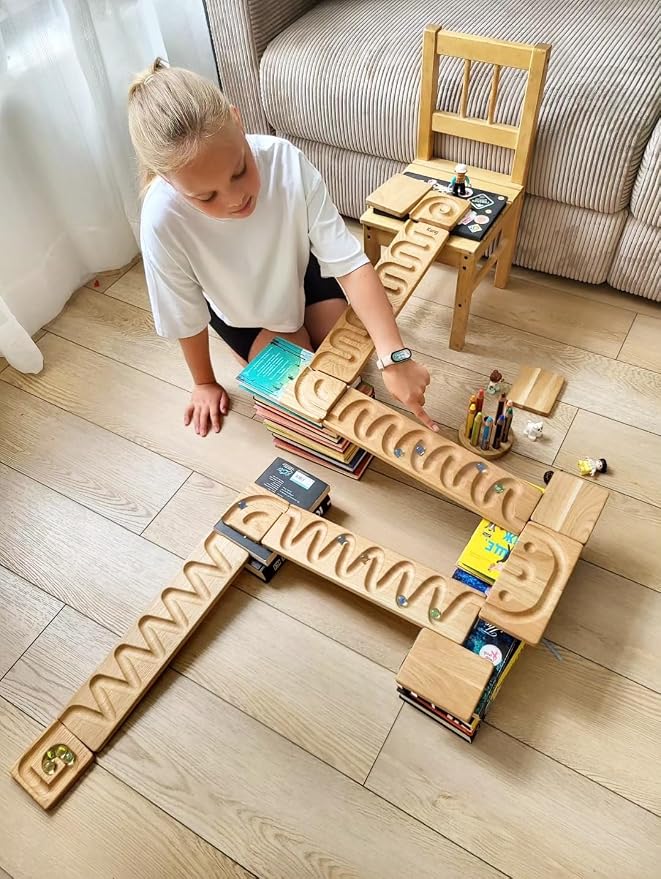 Marble Run Track Race Personalized Wooden Maze Board Ball Run Course Gift for Kids Run Race Winding Track Roller (Set of 4)