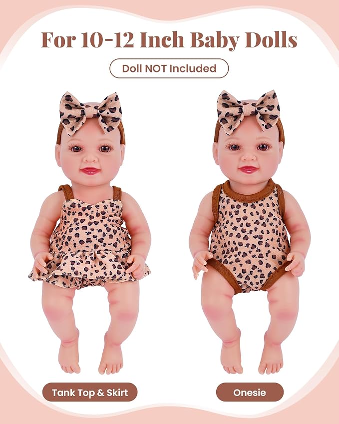 BABESIDE 13 PCS Baby Doll Clothes and Accessories for 10-12 inch Dolls, Baby Doll Feeding and Care Set with Carry Bag, Bottles, Tableware, Baby Doll Outfit for Doll Girl Boy (Leopard Pattern)