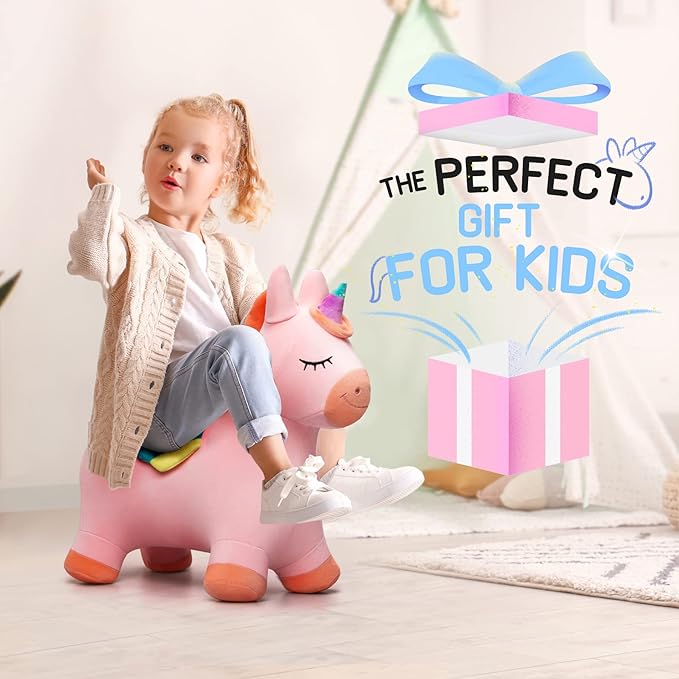 Bouncy Hopper Horse Unicorn Toys, Inflatable Bouncing Animal Hopping Toys, Outdoor Indoor Ride on Bouncer, Boys Girls Birthday Gift for 18 Month 2 3 4 5 6 Year Old Kid- Plush Unicorn Toy