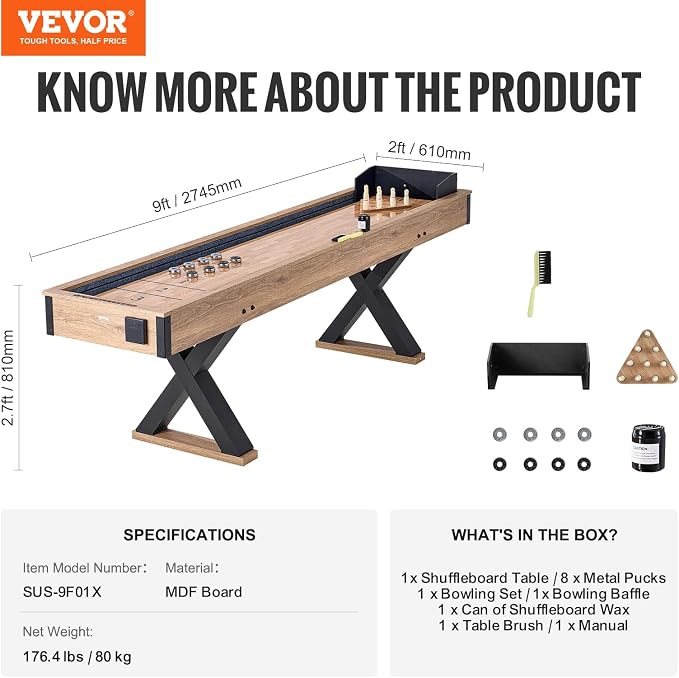 VEVOR Shuffleboard Table, 9 ft Shuffleboard for Family Game Rooms, 2 in 1 Shuffleboard and Bowling Combo Game Set, with Scratch-Resistant Playfield, Legs, 8 Pucks, Bowling Set, Wax, and Table Brush
