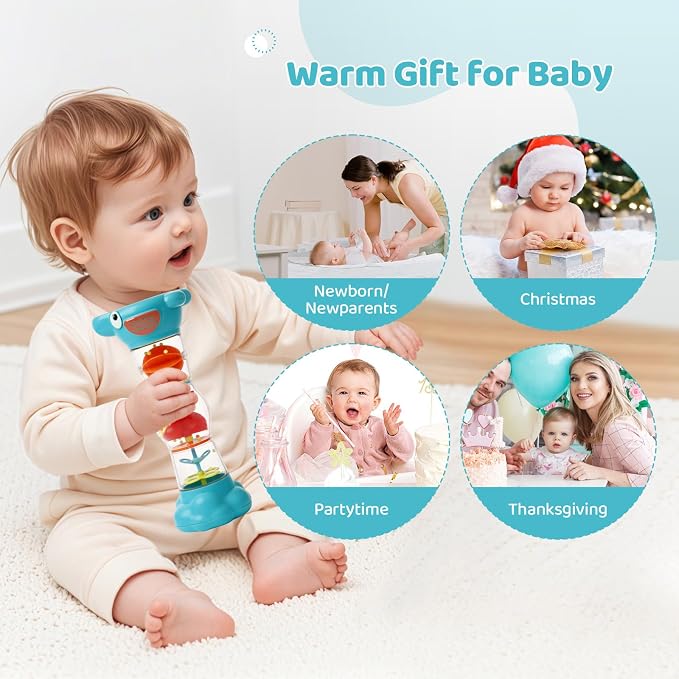 Montessori Baby Toys for 6-12 Months 1 Year Old,Rain Stick Baby Rattle Shaker Infant Sound Toy 9.8” Rainmaker Musical Sensory Toys for 6 7 8 9 10 Months Newborn Toddlers Gifts-Blue