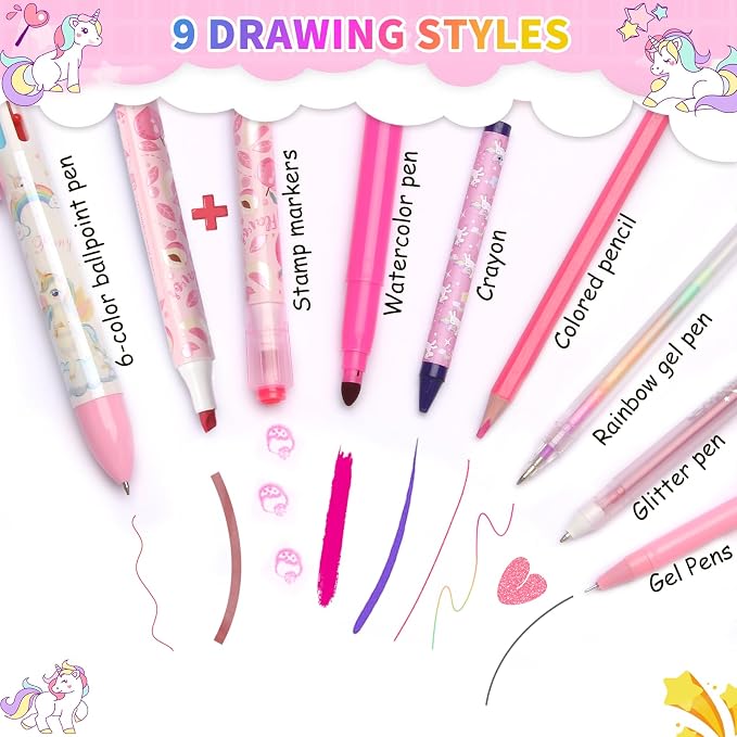 70Pcs Fruit Scented Markers Set - Kawaii Art Supplies with Unicorn Pencil Case, Coloring Set for Kids Include Marker, Pencil, Crayon, Pen, Eraser, Sticker, Unicorn Drawing Kit Birthday Gift for Girls