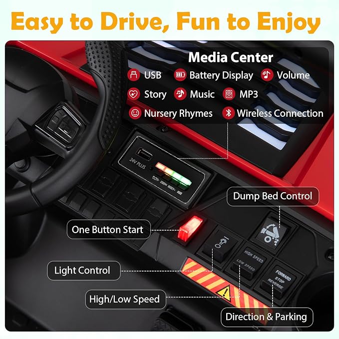 Costzon 2-Seater Ride on Dump Truck, 4WD 24V Kids Car Electric Vehicle with Remote Control, Electric Dump Bed, Shovel, Music, Story, Lights & Wireless Connection, Kids UTV for Boys Girls, Gift (Red)