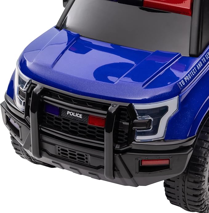 Aosom Kids Push Ride On Car with Working PA System and Horn, Police Truck Style Foot-to-Floor Sliding Car for Boys and Girls with Under-Seat Storage, for 18 Months to 5 Years Old, Blue