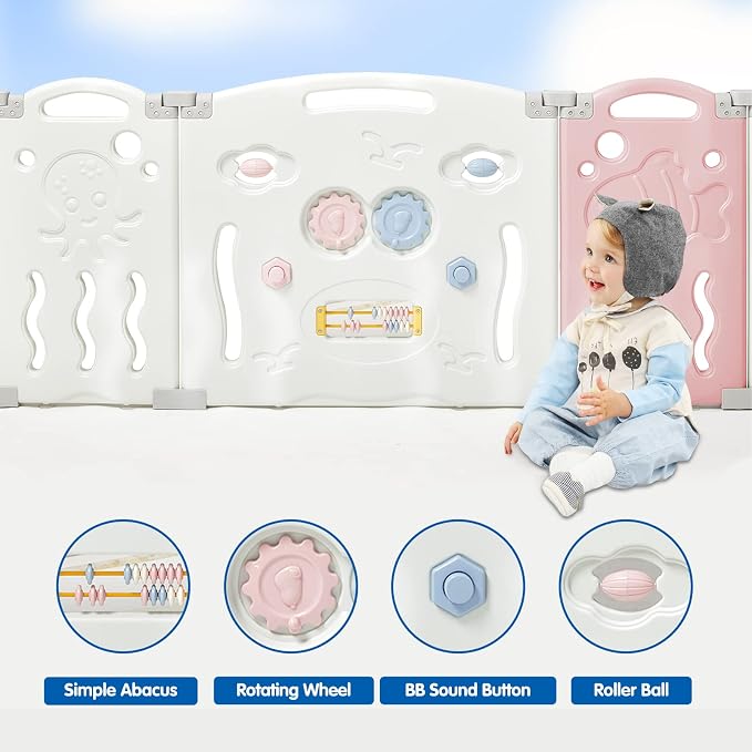 Albott Baby Playpen, Upgraded 14 Panels Foldable Baby Fence with Game Panel and Safety Gate, Adjustable Shape, Portable Play Yards for Children Toddlers Indoors or Outdoors (Pink+White,14 Panel)