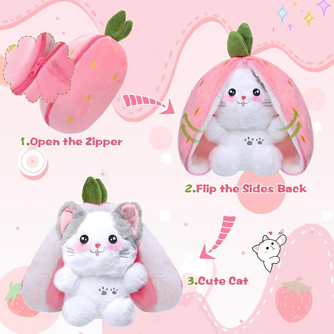 MIAODAM Cat Plush Stuffed Animals, Cute Reversible Strawberry Turn Into Cat Zip Plush, Funny Plushies Toy in A Strawberry Stuffie for Kid (7.8inch)