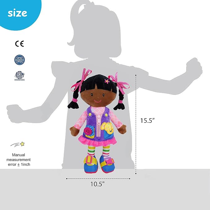 June Garden 15.5" Dressy Friends Scarlett - Educational Stuffed Plush Doll for Kids and Toddlers 2 Years and Up - Montessori Buckle Soft Toy