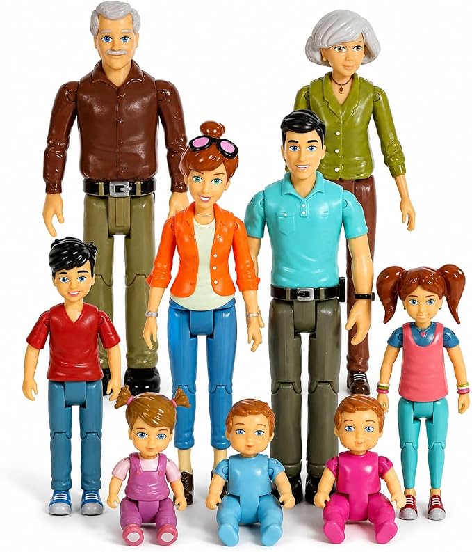 Beverly Hills Sweet Li’l Family Bendable Mini Dollhouse Figures | Set of 9 Grandpa, Grandma, Mom, Dad, Sister, Brother, Toddler, Twin Boy & Girl Pretend Play (1:12 Scale)