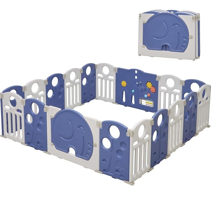 Baby Playpen, 18-Panel Foldable Play Pen for Babies and Toddlers, Indoor Outdoor Baby Fence with Sensory Play Panel, Adjustable Shape Activity Play Center, Portable & Easy Assemble