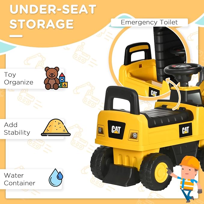 Aosom Caterpillar CAT Licensed Ride on Excavator for Kids, Digger Construction Vehicle with Manual Shovel, Horn, Hidden Storage, Foot to Floor No Power Car for Years 1.5-3