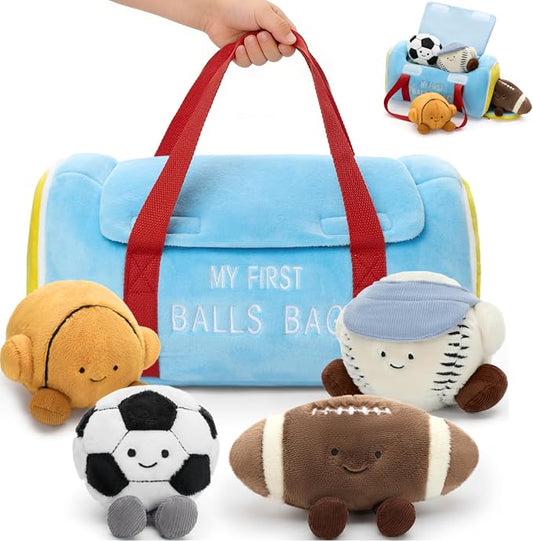 MaoGoLan 12.6 Inch My First Sports Bag Plush Toy, Baby Sports Toys with 4 Pcs Soft Stuffed Ball Plushy - Basketball, Baseball, Football and Soccer, Ideal Baby Shower Birthday Gift for Boys Girls