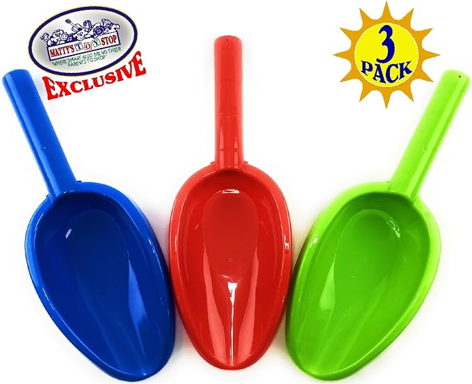 Matty's Toy Stop Kids Sand Shovels for Beach & Sandbox – 3 Pack 14" Long Handle Plastic Sand Scoops, Red Blue Green, Outdoor Beach Toys for Boys & Girls