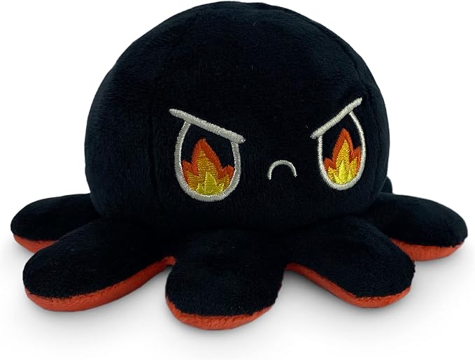 TeeTurtle Reversible Octopus Plushie - 4-Inch Angry Red + Rage Black Two-Sided Flip Plush Toy with Embroidered Details - Cute Mini Collectible Plush for Kids, Teens, and Adults
