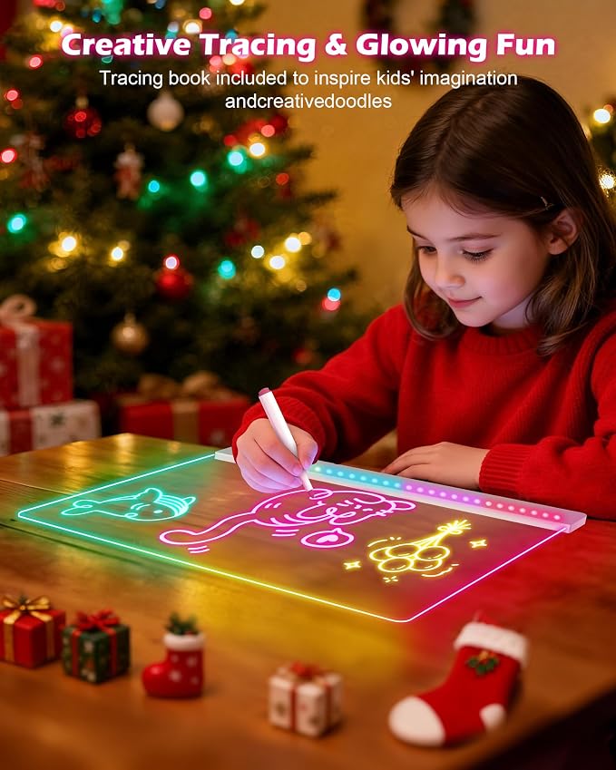 LED Drawing Board for Kids - 17" Flicker-Free Glow Doodle Drawing Pad with 11-Color Light Modes, Soft Light Dry Erase Note Board with Stand, Hanging Chain, 12 Markers, Gifts for Kids (2 PCS)