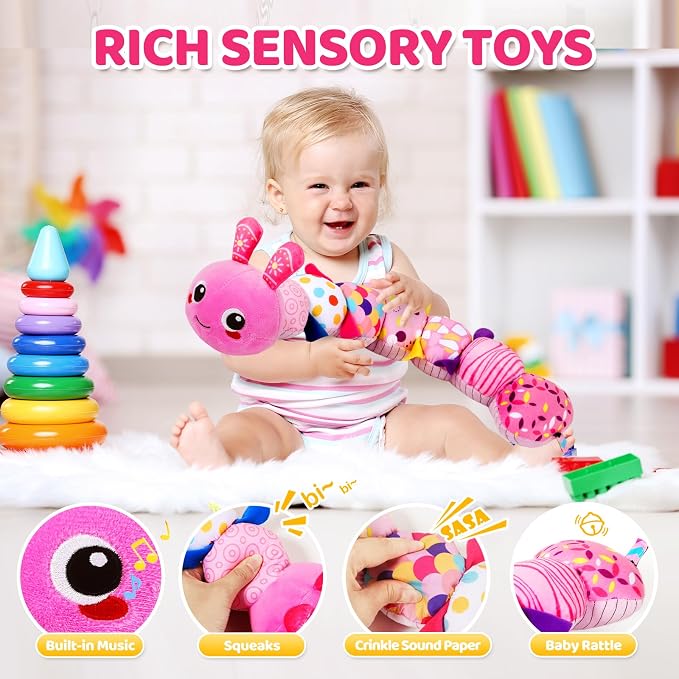 KMUYSL Baby Sensory Caterpillar Toys for 0-6 6-12 Months, Soft Plush Activity Toy with Crinkle, Rattle & Gentle Music, Tummy Time Toy for Infant Newborn, Early Development Toy Shower Gifts for Baby