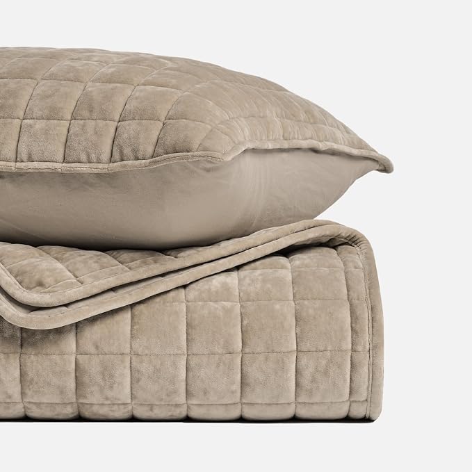 RECYCO Luxury Velvet Quilt Twin/Twin XL Size Bedding Set, Ultra Soft Velvet Comforter Set, Lightweight Quilted Channel Box Stitch Oversized Bedspread Coverlet for All Season, with 1 Sham, Urban Taupe