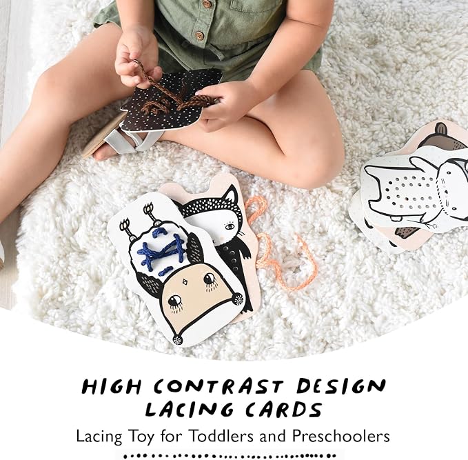Wee Gallery Baby Animals Lacing Cards, Sewing Board and Travel Game for Toddlers and Preschoolers, Fine Motor Skills Toy, Montessori-Inspired Educational Kids Craft Activity for Ages 3+