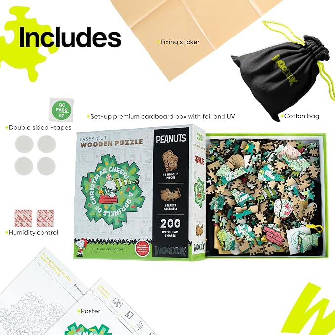 Peanuts Snoopy Puzzles for Adults – Christmas Cheer Wooden Jigsaw Puzzles, 200 Pieces Unique Shaped Woodstock Puzzle, for Kids, 5MM Thick, Officially Licensed Merchandise, 11" x 11"