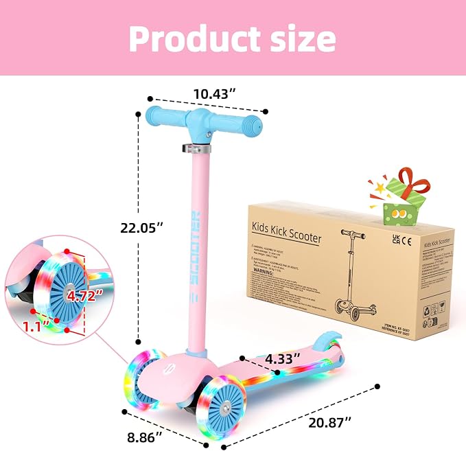 XJD Toddler Scooters for Kids 3-8, 3 Wheel Scooters for Kids 110lbs, LED Light-Up Wheels and Side, 3 Adjustable Height, Lean-to-Steer, Birthday Gift Toy for 3-8 Year Old Girl Boy