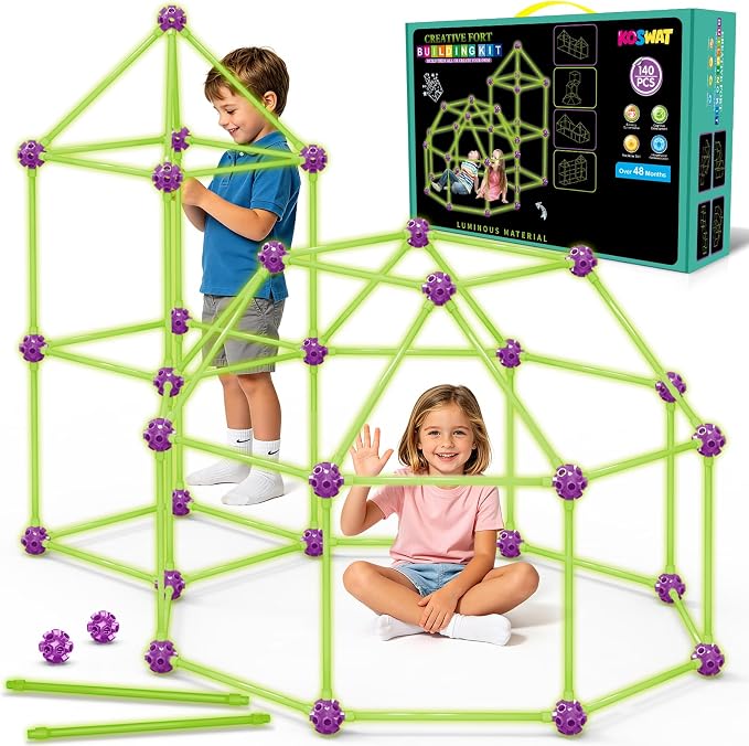 Glow in The Dark Fort Building Kit for Kids, 140 Pcs STEM Construction Toys for DIY Castles Tunnels Play Tent, Ultimate Creative Set, Christmas Birthday Gifts for 4-12 Years Old Boys and Girls