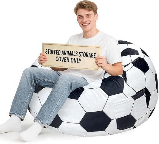 Lukeight Soccer Stuffed Animals Storage Bean Bag Chair Cover for Adult Teen, Cozy Velvet Plush Toy Organizer Seat, Cover Only, No Filling Included, Long YKK Zipper, Side Pocket, XXX-Large 42 x 23 in