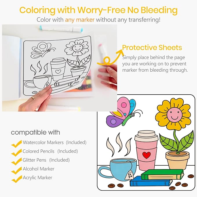 Cute Coloring Book Set for Teens Adults Relaxation, Easy and Simple Designs Coloring Book for Teens Girls, Stress Relief Gifts for Women with 24 colors Markers & 12 Glitter Pens & 12 Colored Pencils