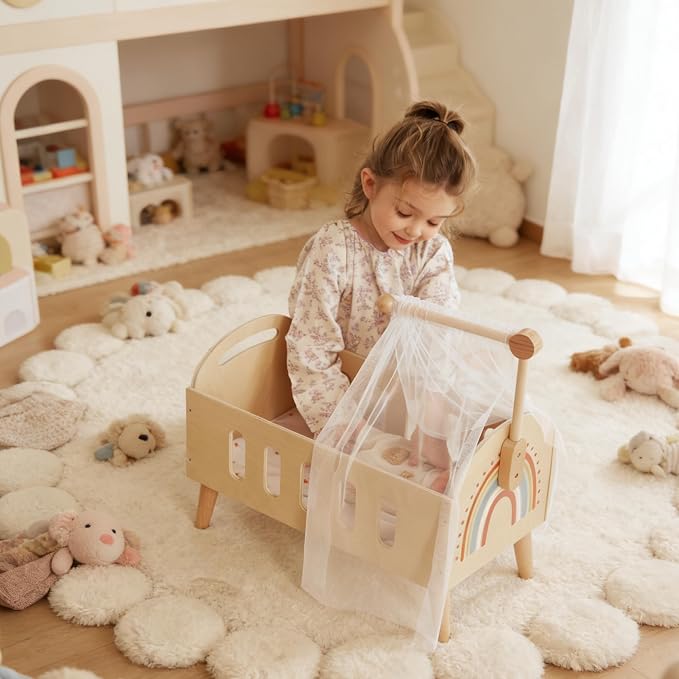 Freniland Wooden Doll Crib Bed for 18 Inch Dolls, Baby Doll Furniture Set with Sheer Canopy and Soft Fabric Mattress, Pretend Play Nursery Accessories for Toddlers