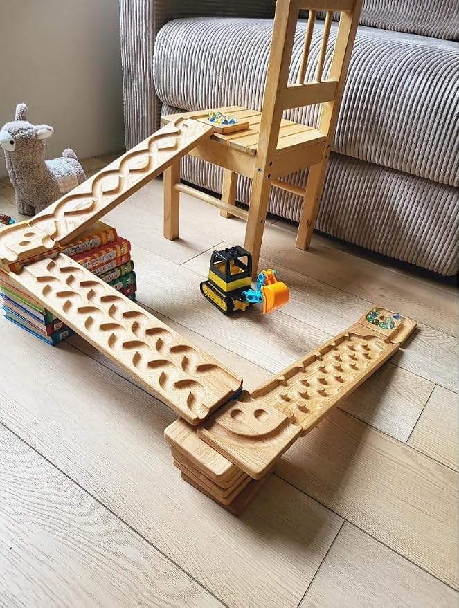 Wooden Marble Run Track Montessori STEM Toy for Kids Race Machine & Maze Board Educational Wooden Roller Track Game Set of 3 Run Gift for Children