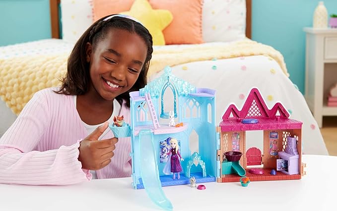 Mattel Disney Frozen Elsa Small Doll Playset w/ 10 Play Areas, 3 Animal Friends & 8 Accy, Storytime Stackers, Inspired by Animals of Arendelle | 3.5-inch Elsa doll with removable cape/skirt + 3 animal figures and 8 accessories. Create adventures in Are...