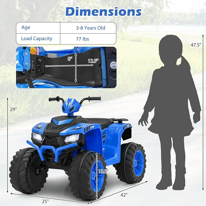Costzon Kids ATV, 24V Four Wheeler Quad Ride on Car w/Forward/Backward, 2 Speeds, Wireless Connection, Music, Radio, LED Lights, Electric Vehicle Toddler 4 Wheeler for Kids, Boys & Girls 3-8 (Blue)