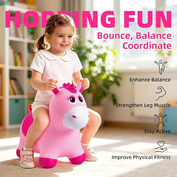Bouncy Animals Horse for Toddlers, Hopping Toys Jumping Horse Hopper, Ride on Toys Indoor Outdoor Inflatable Birthday Gifts for Boys Girls 18 Months 2 3 4 5 6 Year Old, Pink