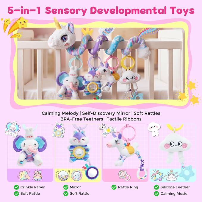 Car Seat Toys for Babies 0-6 Months, Unicorn Carseat Toys Hanging Baby Car Seat Toys, Stroller Toys with Music Rattle, Sensory Hanging Toys for Newborn Infant Crib