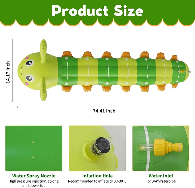 Water Sprinkler for Kids, Large Caterpillar Inflatable Sprinkler, Kids Sprinklers for Yard, Outdoor Water Toys Spray Summer Water Play for Boys Girls Dogs Backyard (Yellow)