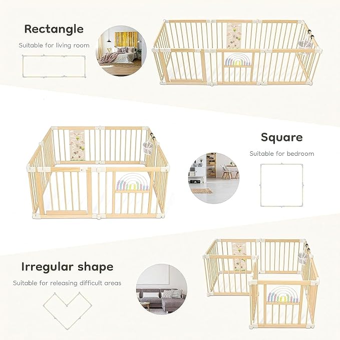 Ulnxiy Wooden Baby Playpen with Montessori Toys, 8-Panel Foldable Wood Play Yard for Toddlers, 56"x56" Large Baby Fence with Safety Lock, CPC Certified Natural Pine Wood Activity Center