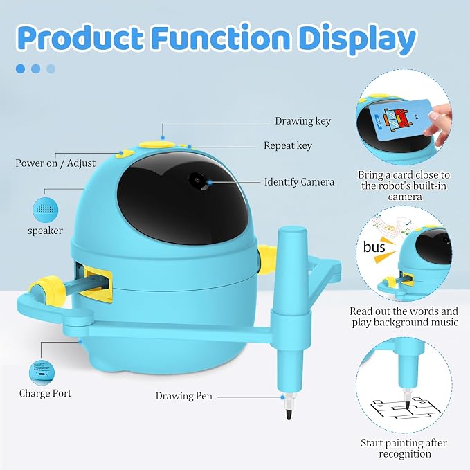 Drawing Robot for Kids with Card-Sensing Camera, 150 Learning Cards and 17 Colored Pens, Smart Painting Art Machine with Voice Guide for Boys Girls, Step-by-Step Auto Drawing for STEM Early Learning