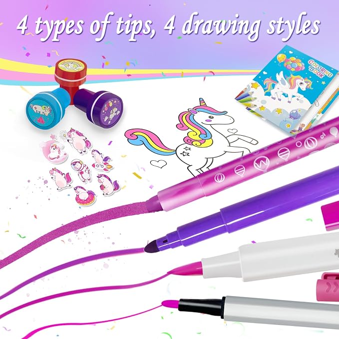 56 PCS Washable Scented Markers Set with Glitter Pencil Case, Mermaid Unicorn Arts and Crafts for kids 4-6-8 Kids Coloring Drawing Kits for 4-8 Years Old Girls Birthday Gifts