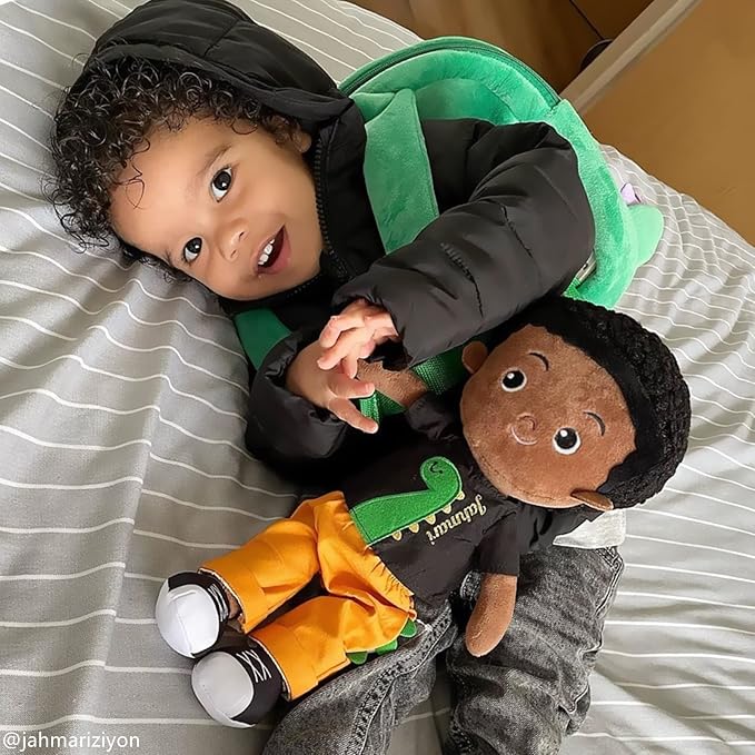 OUOZZZ 12.6" Black Boy Baby Doll - Toys for 1 Year Old Gifts African American Doll Birthday Gifts for 1 Year Old Boy Plush Toys Gift for Toddler Kids Dinosaur