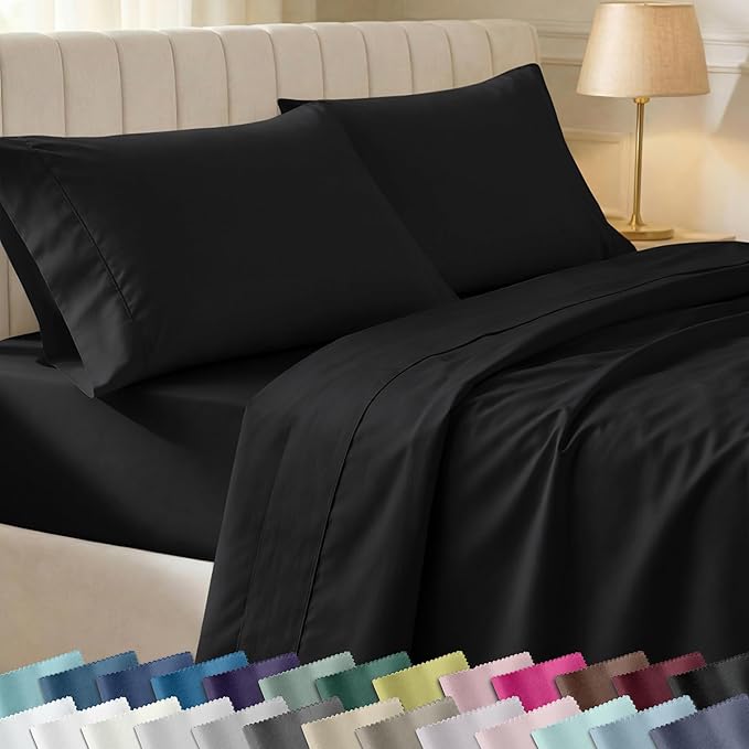California Design Den Soft 100% Cotton King Size Bed Sheets Set, 400 TC Good Housekeeping Award Winner, Silky Smooth Sateen Weave with Deep Pockets, Breathable and Durable King Bedding Set - Black