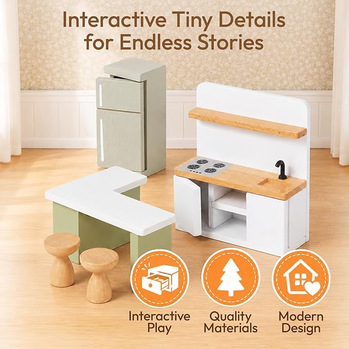 Giant bean 33 PCS Wooden Dollhouse Furniture Set, Modern Doll House Accessories with Bedroom, Kitchen, Bathroom, Nursery & Living Room, Montessori Pretend Play Toys for Kids Girls Boys Age 3+