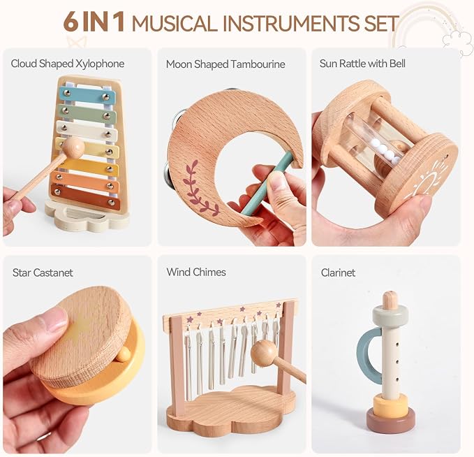 Wooden Xylophone Musical Instrument Sets Toy for Kids, Rattle Bell Montessori Cloud Toddler Music Percussion Toys, Christmas Birthday Gifts for Boys Girls 3 Year+